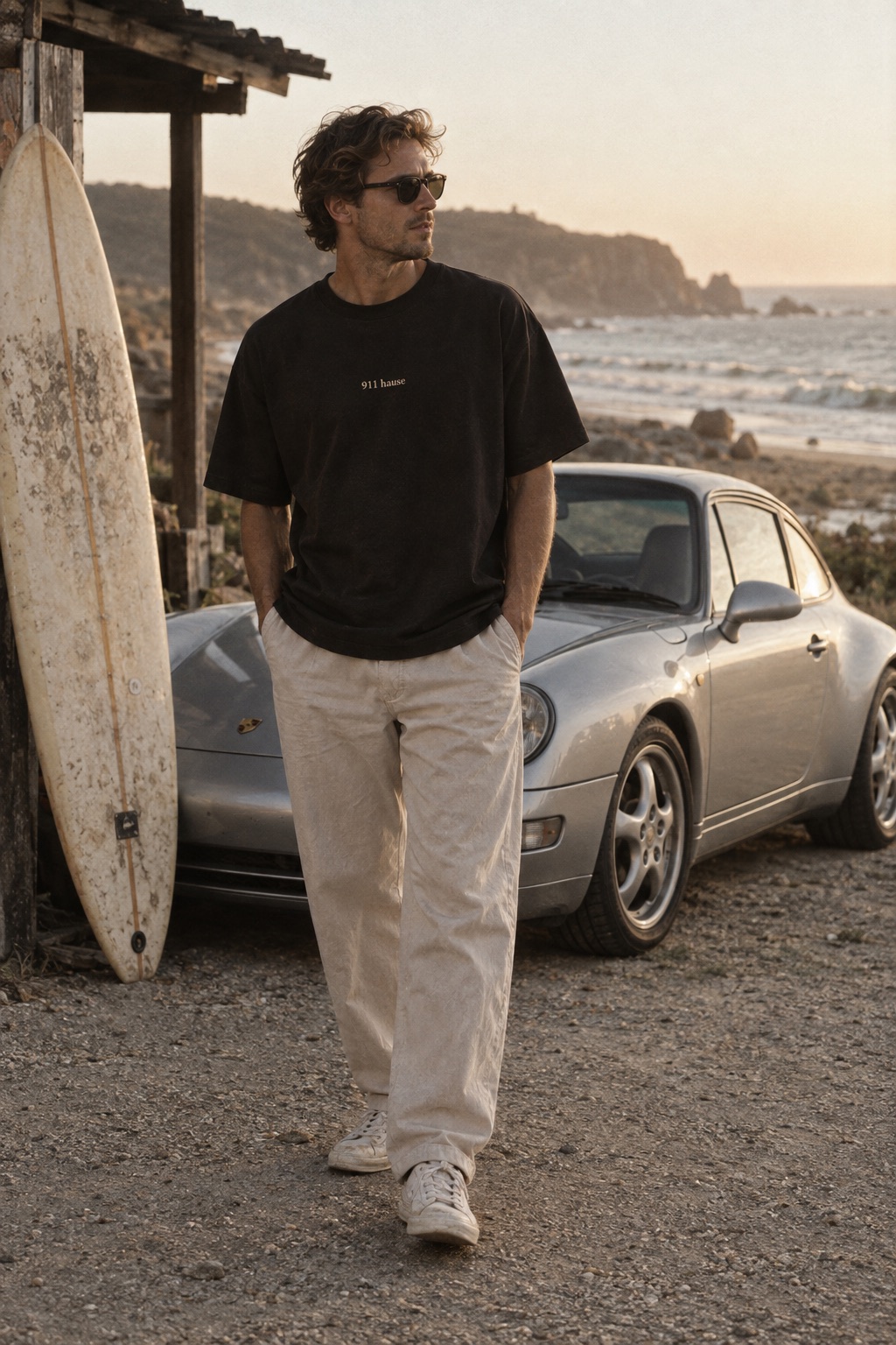 Model w koszulce 911 hause, z deską surfingową i Porsche 911 nad oceanem — wizualizacja kolekcji